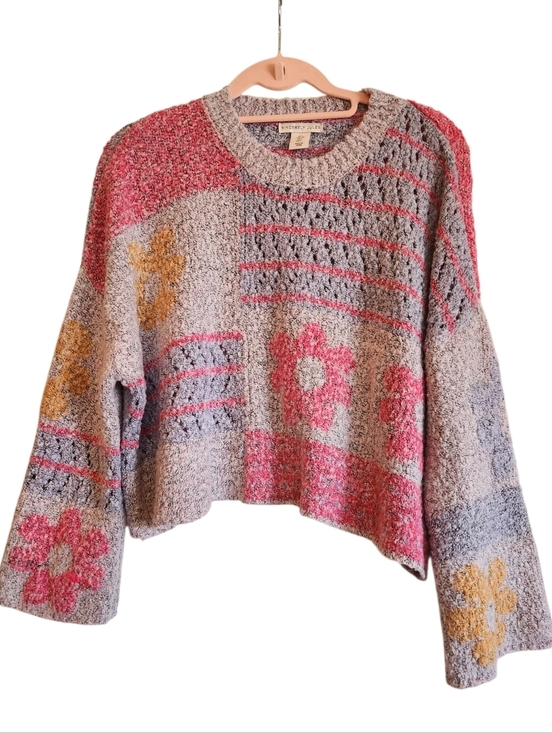 Sincerly Jules Sweaters - Sincerely Jules Patchwork Floral Knit Bell Sleeve Sweater Sz L Relaxed Boxy Fit